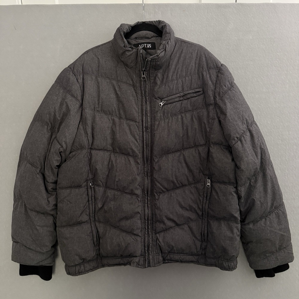 Apt 9 Puffer Jacket Coat Mens Extra Large Gray Fleece Full Zip Collar Pockets
